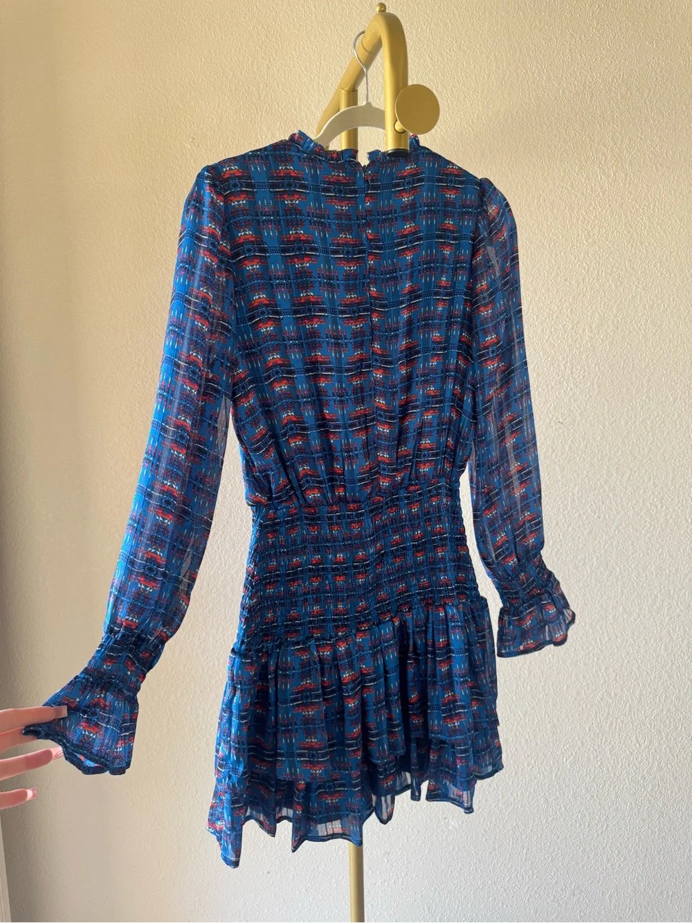 Aqua Blue and Red Patterned Long Sleeve Smocked Mini Dress - Picture 3 of 5